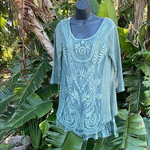 Indigo thread mixed media embroidered and mesh ruffled tunic